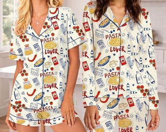 Conjunto de pijama de satén con estampado de pasta, ropa de estar por casa para amantes de la comida, pijama unisex