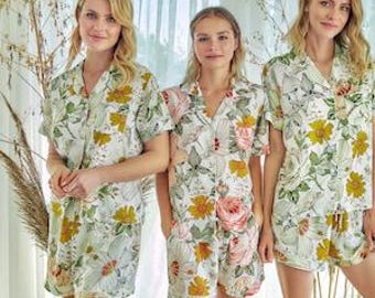 Floral Satin Pajama Set, Unisex Button-Up Sleepwear, Bachelorette Party Outfit