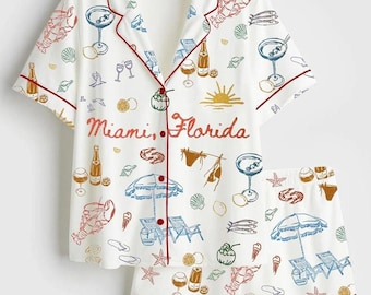 Miami Florida Pajama Set, Coastal Summer Pajamas, Beach Vacation Sleepwear, Tropical Lounge Set, Cute Resort Style PJ Set