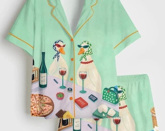 Quirky Duck Wine Cheese Satin Pajama Set, All-Over Print Sleepwear