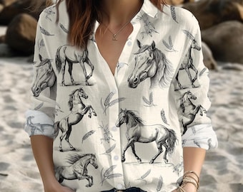 Satin Horse Print Pajama Set, Vintage Sketch Sleepwear, Equestrian Lounge Set