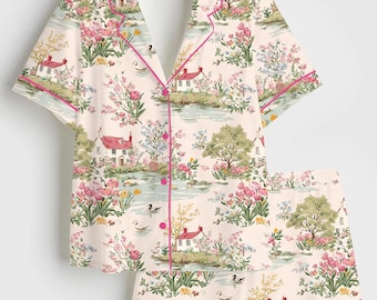 Blommig pyjamasset med Cottagecore-motiv, vintage landsbygds-sovkläder med kort ärm, estetiskt loungeset för trädgården, söt pyjamas med hustryck för kvinnor