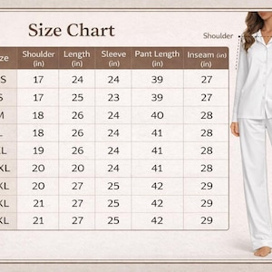 May include: White pajama set with a size chart. The chart lists sizes XS to 5XL, with measurements in inches for shoulder, length, sleeve, pant length, and inseam. A woman models the pajama set.