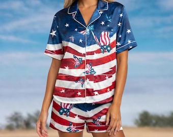 Patriotic Satin Pajama Set, American Flag Butterfly Sleepwear, 4th of July Loungewear