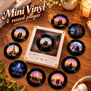 Könnte beinhalten: Ein quadratischer weißer Musik-Player-Aufsteller aus Acryl mit einem zentralen runden Fotoeinsatz, umgeben von acht kleinen schwarzen runden Untersetzern im Vinyl-Schallplatten-Design, die jeweils ein individuelles Foto von Personen im Freien zeigen.