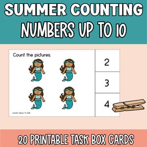 Op de afbeelding: Educatieve, printbare taakboxkaarten voor zomer tellen. De kaarten bevatten illustraties van zeemeerminnen en getallen tot 4. De tekst op de kaarten luidt "Summer Counting Numbers Up To 10" en "20 Printable Task Box Cards".