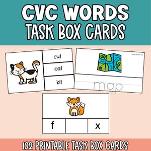 May include: Educational task box cards with CVC words. The cards feature illustrations of a cat, a map, and a fox, along with corresponding word prompts. The set includes 102 printable cards for learning.