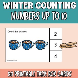 Può includere: Una scheda di conteggio invernale con tre tazze blu di cioccolata calda. La scheda include i numeri 2, 3 e 4 e una molletta di legno. Il testo recita "Winter Counting Numbers Up To 10".