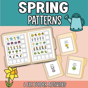 Puede incluir: Imagen de actividades de carpetas temáticas de primavera. La imagen presenta una carpeta grande abierta con actividades de emparejamiento de patrones, junto con carpetas más pequeñas con imágenes relacionadas con la primavera. Se muestran las palabras "Spring Patterns" y "6 File Folder Activities".