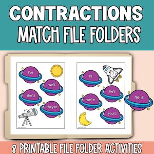 May include: A beige file folder containing educational activities with the text CONTRACTIONS MATCH FILE FOLDERS and 8 PRINTABLE FILE FOLDER ACTIVITIES. The interior features purple planet illustrations with contractions and a space-themed design.