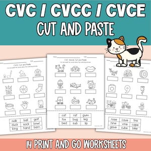May include: Educational worksheets for early learners. The image shows three black and white printable worksheets with the text "CVC / CVCC / CVCE CUT AND PASTE". Each worksheet has pictures and word cut-outs for matching. A cartoon cat is also present.