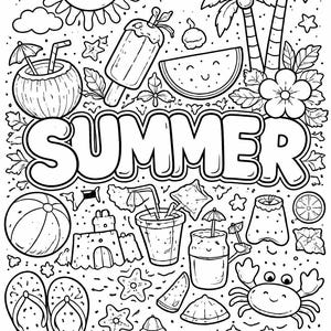 Może przedstawiać: Czarno-biała ilustracja o tematyce letniej z uśmiechniętym słońcem w okularach przeciwsłonecznych, palmami i napisem "SUMMER". Zawiera elementy plażowe, takie jak zamek z piasku, klapki i krab.