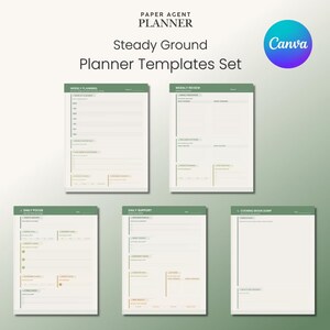 May include: A collection of planner templates with the text "Steady Ground Planner Templates Set." The templates include sections for weekly planning, review, daily focus, daily support, and evening brain dump. The design features a green and beige colour scheme.