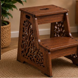 May include: A dark brown wooden two-step stool featuring intricate laser-cut tree branch patterns on the side panels. The stool has a rectangular top step with a handle cutout and a lower step, constructed with visible interlocking joints.