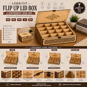 Laser Cut Flip Up Lid Box SVG, 4 Size Organizer Template (Digital Download)