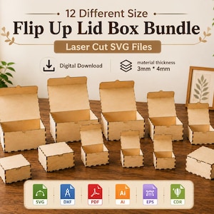 Op de afbeelding: Een digitaal downloadpakket met 12 lasergesneden dozen met klapdeksel in verschillende maten. De tekst luidt 12 Different Size Flip Up Lid Box Bundle, Laser Cut SVG Files, Digital Download en material thickness 3mm * 4mm. Bevat SVG, DXF, PDF, AI, EPS en CDR bestandspictogrammen.