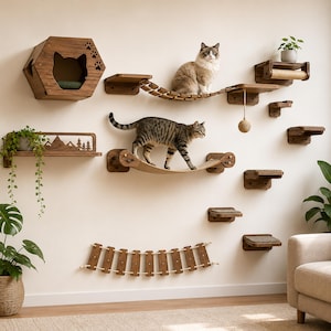 May include: A wall-mounted cat furniture set featuring a hexagonal wooden house with a cat-shaped cutout, multiple tiered platforms, two rope-style suspension bridges, a hanging sisal ball toy, and a shelf with a mountain-themed cutout design.