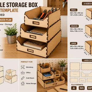 Könnte beinhalten: Ein stapelbares Aufbewahrungsbox-Set als Lasercut-Vorlage in drei Größen: klein 200x150x100mm, mittel 250x180x130mm und groß 300x220x160mm. Das Design umfasst ineinandergreifende Verbindungen, einen vorderen Etikettenschlitz und offene Oberseiten.