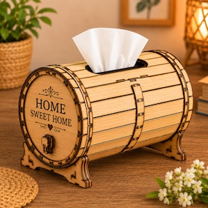 houten tissuebox in vatvorm svg, lasergesneden organizer, glowforge dxf pdf cnc-sjabloon