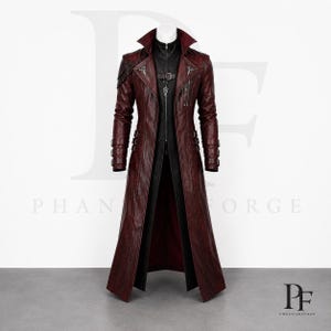 Crimson Hunter Long Jacket, Gothic Faux Leather Coat, Demon Hunter Style Cosplay