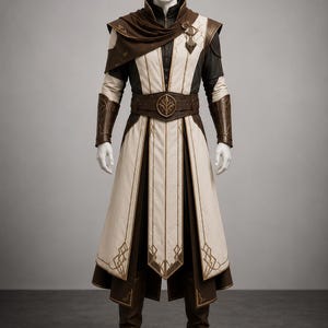 May include: A full-length costume featuring a cream-coloured tunic with brown accents, a high-collared brown capelet, a wide brown belt with a central emblem, matching brown forearm bracers, and brown boots, displayed on a white mannequin.