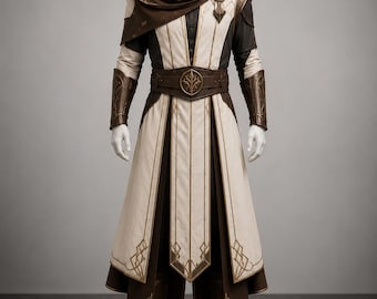 May include: A full-length costume featuring a cream-colored tunic with brown accents, a high-collared brown capelet, a wide brown belt with a central emblem, matching brown forearm bracers, and brown boots, displayed on a white mannequin.