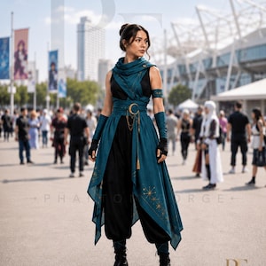 May include: A teal and black outfit featuring a sleeveless top, loose trousers, and a draped overskirt with gold star embroidery. The ensemble includes a wide belt with a crescent moon buckle, dangling gold chains, arm wraps, and a matching scarf.