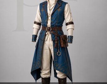 May include: A blue sleeveless coat with gold embroidery worn over a cream-colored shirt and trousers. The outfit includes a brown leather belt with a circular buckle, a small brown leather pouch, matching arm cuffs, and dark brown leather boots.