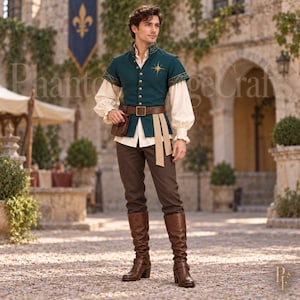 May include: A dark teal vest with gold buttons and a star emblem, worn over a cream-colored long-sleeved shirt. The outfit includes brown trousers, a brown leather belt with a pouch, and brown knee-high boots. The vest features gold trim.
