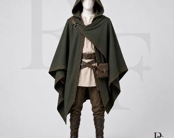 May include: A dark olive green hooded cloak with a patterned border, worn over a beige tunic and brown trousers. The outfit includes a brown leather belt with a small pouch and dark brown boots. The text PHANTOMFORGE is visible at the bottom right.