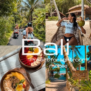 以下が含まれることがあります： 熱帯の風景をフィーチャーした画像のコラージュ。スクーターに乗る人々、ココナッツを持つ女性、フルーツボウルが含まれています。「Bali」と「Preset for lightroom mobile」というテキストがオーバーレイされています。
