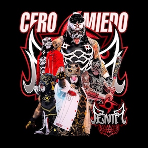 May include: A group of masked wrestlers in a promotional image. The wrestlers are wearing colorful costumes and masks, with the words "Cero Miedo" and "Fenix" in the image. The background is black.
