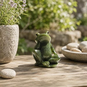 Könnte beinhalten: Eine kleine Froschfigur aus poliertem, dunkelgrünem Stein in einer sitzenden, nachdenklichen Pose. Der Frosch hat glatte, abgerundete Züge und eine glänzende Oberfläche und ruht auf einer flachen Basis auf einer natürlichen Holzoberfläche.