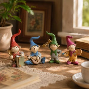 Könnte beinhalten: Vier kleine Zwergenfiguren auf einer Holzoberfläche. Eine trägt eine rote Mütze und hält einen Löffel und ein Buch, eine trägt eine blaue Mütze und spielt eine Laute, eine trägt eine grüne Mütze mit einem goldenen Schlüssel und eine hält eine Palette.