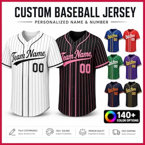 May include: Custom baseball jerseys with button-front closures, short sleeves, and pinstripe patterns. The jerseys feature the text Team Name and the number 00. Available in multiple color combinations including white with black and black with pink.