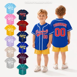 May include: Children's baseball uniforms in various colors, including blue, pink, and yellow. Each jersey features the word "Baseball" and the number "00". The image also shows a child wearing a blue jersey with "YOURNAME" and "00" on the back.