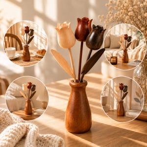 May include: A set of three carved wooden tulips in light, medium, and dark brown tones, each with a single leaf on a stem. The flowers are arranged in a small, smooth, brown wooden vase. The set is shown in a central view and four circular insets.