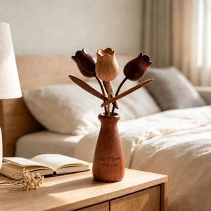 Puede incluir: Un florero de madera con cuello estrecho y base ensanchada, grabado con el texto Emily heart James 06.18.2026. Dentro del florero hay tres tulipanes de madera tallada, dos de color marrón oscuro y uno bronceado, con tallo y hoja.