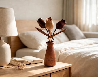 Personalized Wooden Tulip Bouquet, Engraved Wood Vase, Forever Flowers, Anniversary Gift for Her