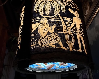 Custom Tiki Swag Lamp – Vintage Tahitian Fabric, Resin Seashell Bottom, 12" Round