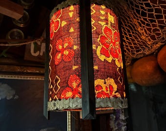 Custom Tiki Swag Lamp – Vintage Hawaiian Barkcloth Fabric, Resin Lava Pour Bottom