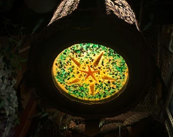 Custom Drum Tiki Swag Lamp – Vintage Hawaiian Fabric, Resin Pour Bottom