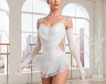 Vestido de baile latino con flecos / Traje de salón blanco drapeado / Ropa de actuación con pedrería