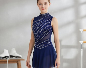 Vestido brillante con pedrería / Traje de patinaje de malla azul marino / Conjunto de danza sobre hielo para niñas