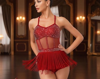 Traje de baile con flecos de pedrería / Ropa para actuaciones de salsa latina / Atuendo para competiciones