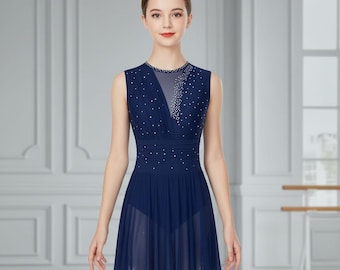 Vestido de baile de malla de cristal / Leotardo de baile lírico de salón / Vestido de actuación azul marino