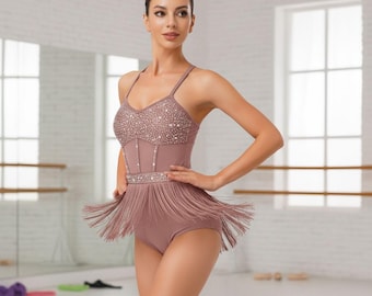 Dräkt med strassfransar | Bodysuit med latinamerikanskt ballroom-dans | Dräkt med paljetter