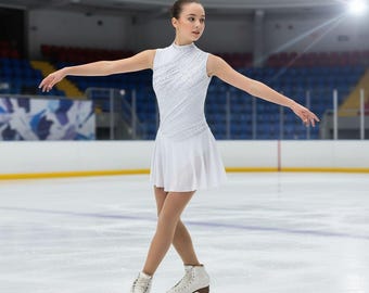 Vestido de patinaje con remolinos de pedrería / Traje de patinaje artístico blanco sin mangas / Atuendo de competición de danza sobre hielo para niñas