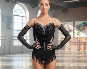Vestido latino con flecos de pedrería / Leotardo de baile con escote corazón / Traje de competición de baile de salón negro