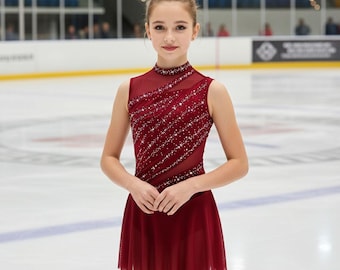 Abito da pattinaggio con strass scintillanti / Costume da pattinaggio su ghiaccio rosso per ragazze / Abbigliamento da gara per ragazze